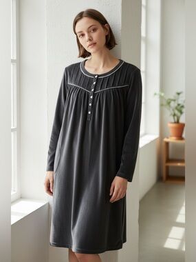 Aria Collection Velour Nightgown Black Long Sleeve Button Front Soft M